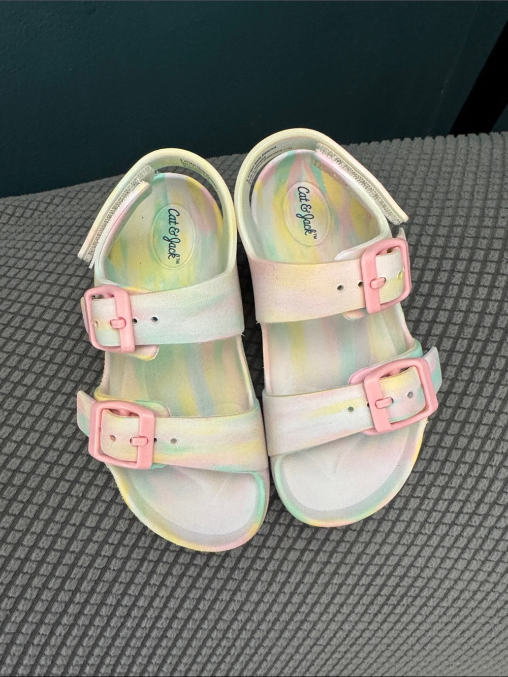 Cat & Jack Pastel Tie-Dye Sandals with Pink Buckles. Size 9. Gently Used.